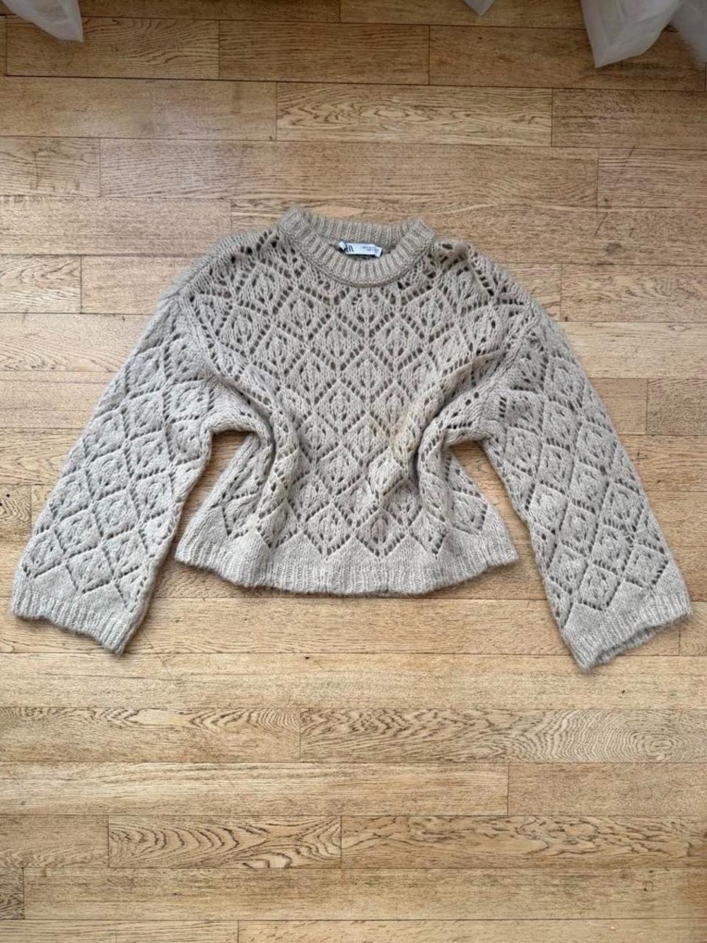 Zara Open Knit Sweater Beige Oversized Neutral Knit
